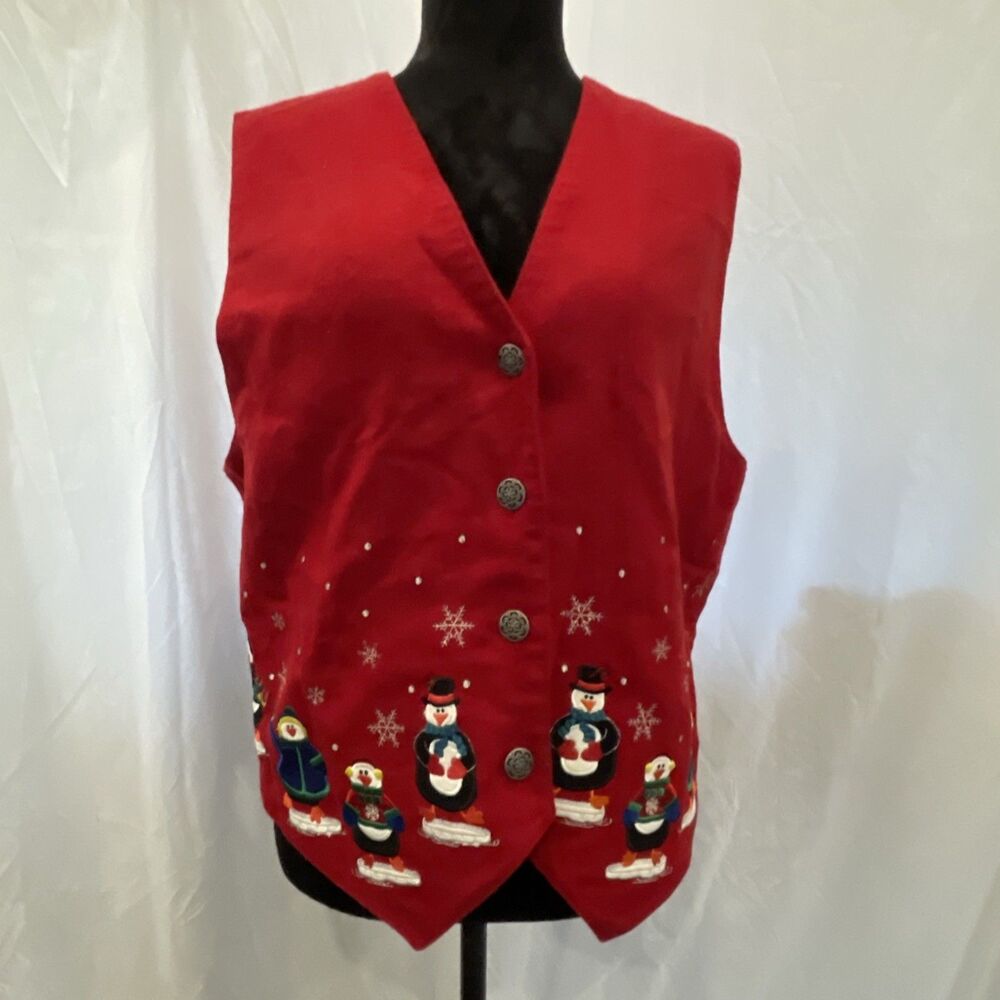 vintage 90s Karen Scott Vest Winter Penguins Christmas Ugly sweater Large snow